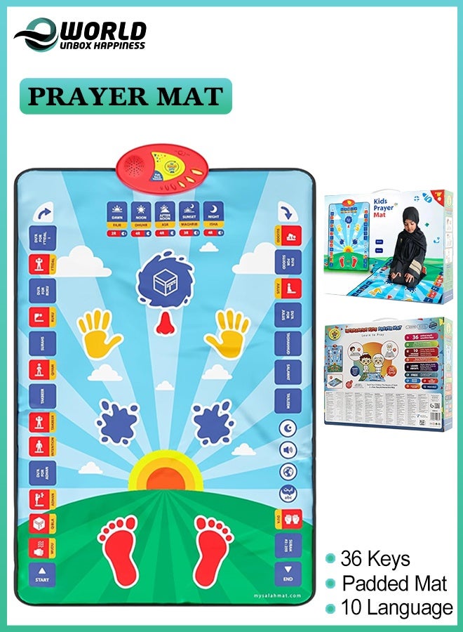 Eworld Interactive Kids Muslim Prayer Mat – Blue Electronic Salah Learning Mat with 36 Touch-Sensitive Keys, 10 Languages, Surahs, Wudu & Duas | Padded Educational Islamic Gift - Image 1